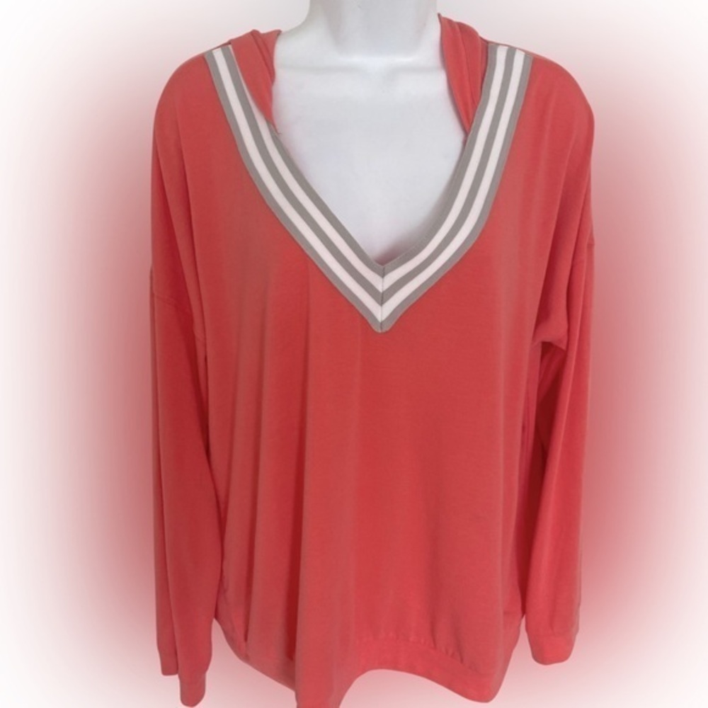 Free press Hoody V-Neck - M coral pink , khaki trim , rayon spandex